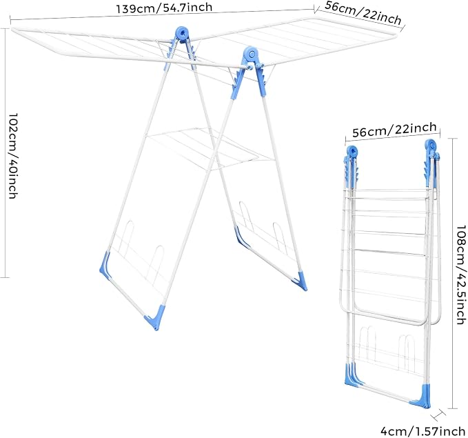 Foldable Gullwing Clothes Drying Rack Free Standing Indoor Outdoor Airer | Height Adjustable Wings Large Laundry Airer with Shoe Rack for Balcony Laundry Room