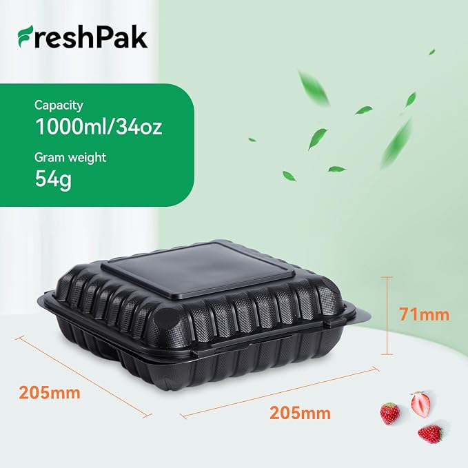 55-Pack 34oz 8x8 Black To Go Boxes - Shrink Wrapped Ready To Use | 3-Compartment MFPP Clamshell Container | Heavy Duty BPA Free, Microwave Safe | Takeout Box for Meal Prep, Leftover & Party