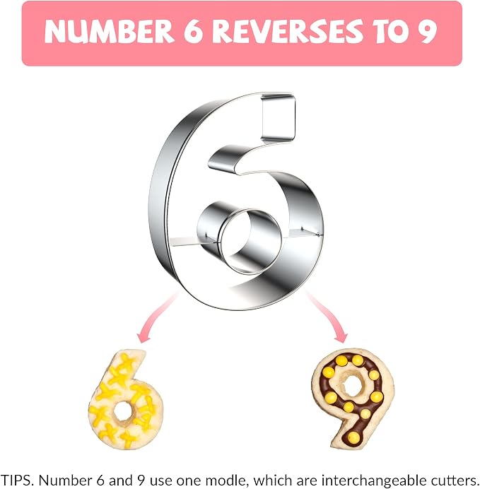 FUSOTO 9PCS Number Cookie Cutters Set, Birthday Numbers 0-8(6 Reverses to 9), 4 Inches Stainless Steel Cookie Cutters for Baking, Number Shaped Baking Tool for Homemaking Biscuit, Cookie, Dough