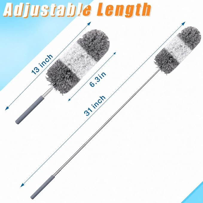 Tanlade 1 Pcs Microfiber Feather Duster for Cleaning, Extendable 13-31 Inch Ceiling Fan Duster with Bendable Head, Washable Tools for Ceiling Fans, Furniture, Car, Cobwebs (Gray White)