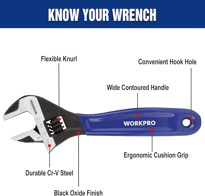 WORKPRO 6-Inch Compact Adjustable Wrench, Wide Jaw Cr-V steel Wrench | Black Oxide Finish, Metric & SAE Scales, Fits M6–M16 bolts for Home Repairs, Garage, DIY and Light Workshop Use.