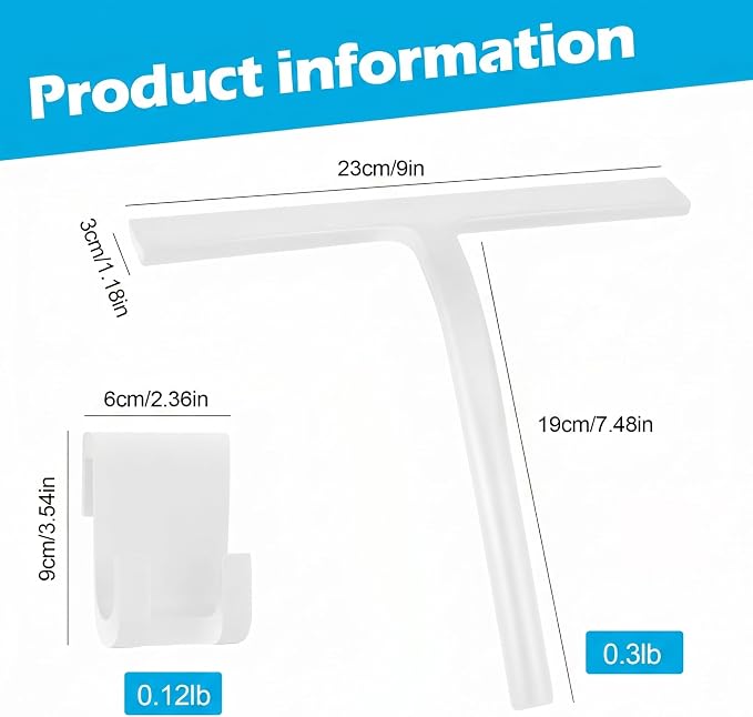 Shower Squeegee for Glass Doors, Mirror Window Tile Scrubber Cleaner with Hook Silicone (White)