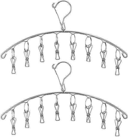 Stainless Steel Laundry Drying Rack Clothes Hanger with Windproof Hook,Underwear Hanger,Clothes Hangers with 8 Clips for Drying Socks,Diapers,Baby Clothes(2 Pack)