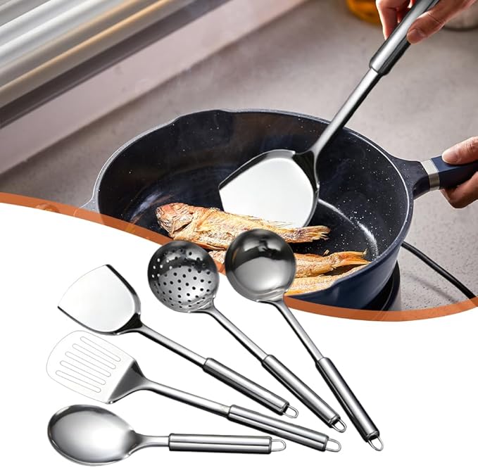 5 PCS Cooking Utensils Set Stainless Steel Kitchen Utensils Gadgets Resistant Cooking Tools Includes Slotted Spoon, Slotted Spatula, Large Spoon, Soup, Spatula(Sliver)