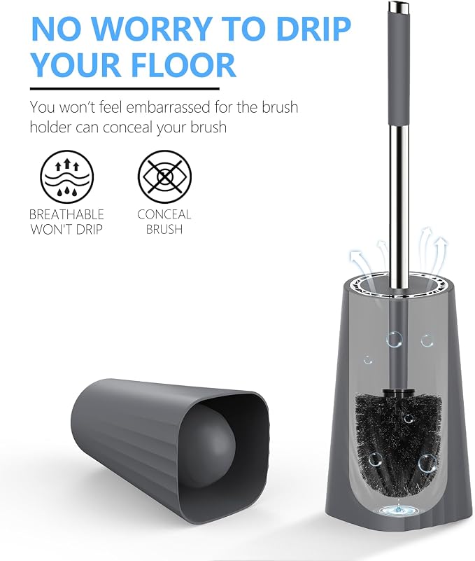 SetSail Toilet Brush, Compact Size Toilet Bowl Brush and Holder Toilet Brushes for Bathroom with Stainless Steel Handle Toilet Cleaner Brush with Durable Scrubbing Bristles, 2 Packs-Grey