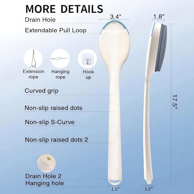BUBBLEDANCE® Extendable Silicone Back Scrubber (17.5" to 32") – 2-Hand Grip for 4X Power, Curved Stiff Bristles, Non-Slip Long Handle Shower Brush for Deep Exfoliation - White (Stiff Bristles)