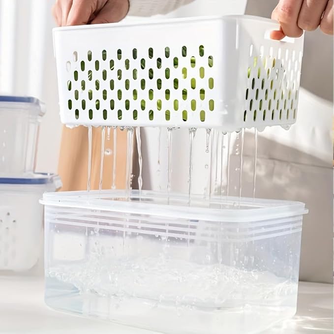 2 Pack Fruit Storage Containers for Fridge,Leakproof Food Storage Containers with Removable Colanders and Lid Produce Containers Keep Fruits Vegetables Berry and Meat Fresh longer(Clear White)