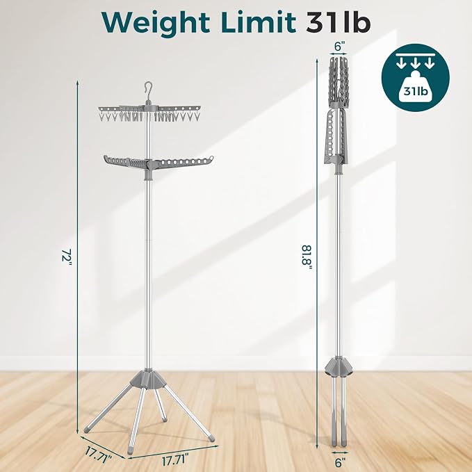 KINGBOARD 2-Tier Clothes Drying Rack, 72" H Drying Rack, 7 Rotatable Arms | 360° Rotatable Arms, 27 Hanger Holes, 24 Clips, Stainless Steel, Tool-Free Setup, Portable for Travel & Home, 30lbs Hold