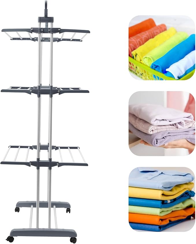Clothes Drying Rack, 4-Tier Clothes Horses Rack Foldable Metal Laundry Garment Dryer Stand with Two Side Wings for Bedrooms, Lofts, Balconies, Patios (Gray)