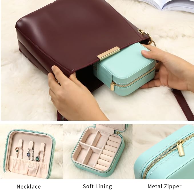 TRODANCE Jewelry Travel Case with Mirror,Small Travel Jewelry Organizer, Portable Jewelry Box Travel Mini Storage Organizer Portable Display Storage Box for Rings Earrings Necklaces (Black)