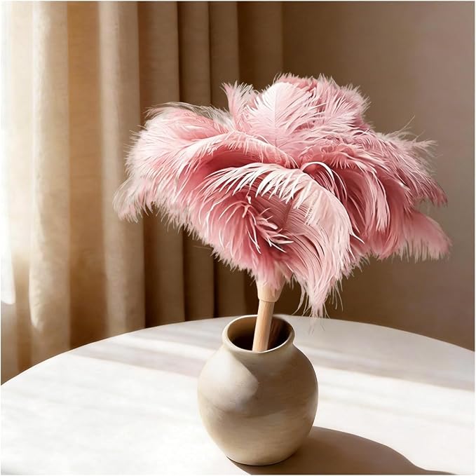 NCEDN Pink Ostrich Feather Duster 32cm – Soft Feather Duster with Wooden Handle for Keyboard, Blinds, Ceiling Fan & Furniture Cleaning