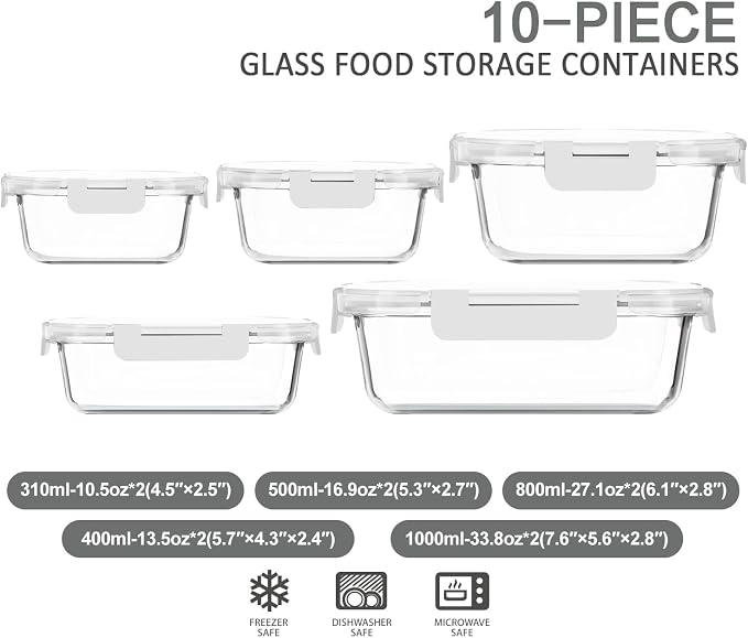 M MCIRCO 10-Pack Glass Food Storage Container with Lids, Airtight Lunch Bento Boxes, Glass Meal Prep Container,Microwave, Oven, Freezer and Dishwasher Friendly, White