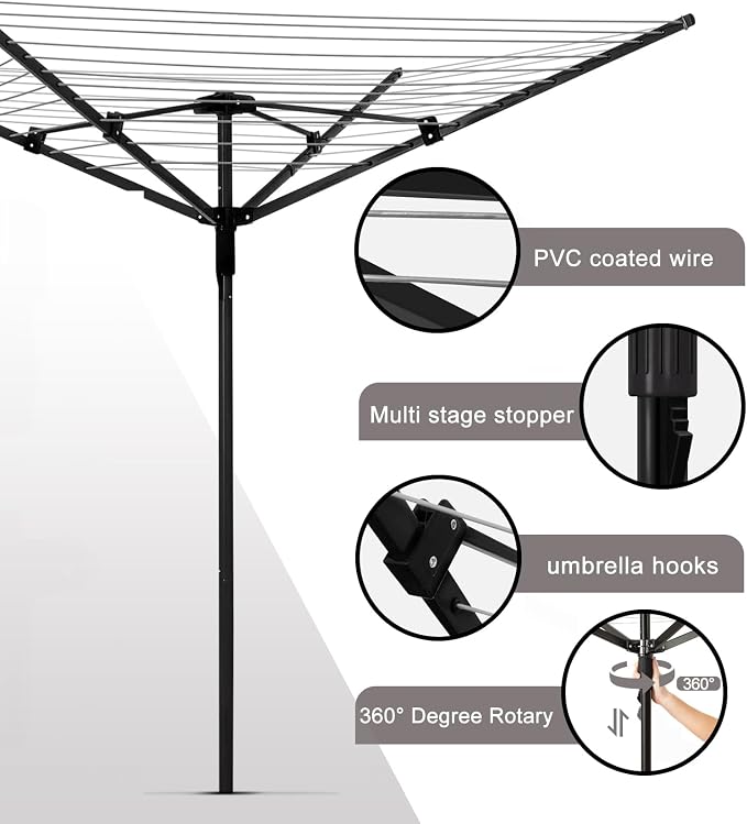 165 Feet Rotary Outdoor Umbrella Clothesline Aluminum 4 Arm Drying Rack | Steel Post Adjustable Height Retractable 12-Line Laundry Rack for Backyard Use