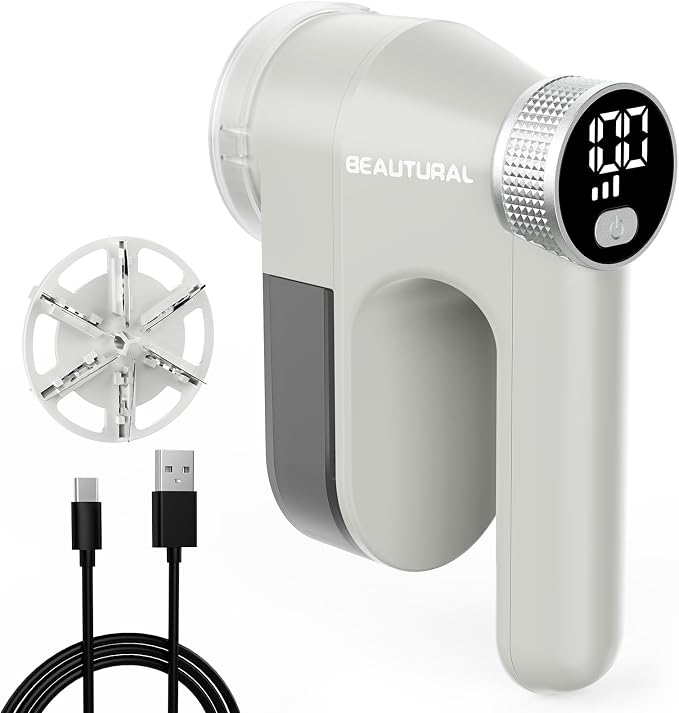 BEAUTURAL Fabric Shaver, Rechargeable Lint Remover with Digital LED Display | Electric Portable Sweater Defuzzer with 3 Speeds , 6 Leaf Blades, Remove Pilling for Clothes, Furniture, Couch, Blanket