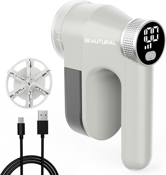 BEAUTURAL Fabric Shaver, Rechargeable Lint Remover with Digital LED Display | Electric Portable Sweater Defuzzer with 3 Speeds , 6 Leaf Blades, Remove Pilling for Clothes, Furniture, Couch, Blanket