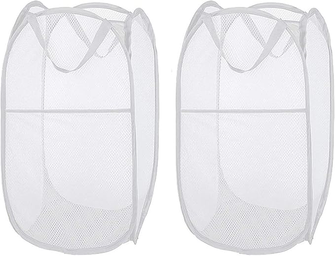 Larpur Pop Up Laundry Hampers, 2 pcs Portable White Mesh Laundry Baskets | Collapsible Clothes Laundry Bin for Bedroom, Travel, Bathroom, College Dorm, Cruise