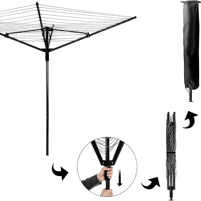 Rotary Airer Cover, Clothes Washing Line 420D Oxford Waterproof Windproof UV-Resistant & Non-Slip Lining Dryer Umbrella Parasol Protective Zips, for Garden All Rotaries (Black,168 * 30 * 30cm)
