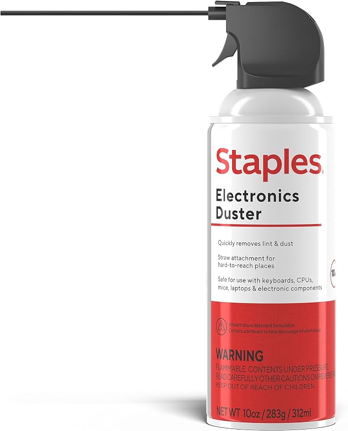 Staples Compressed Air Duster – 10 oz. Cans for Electronics, Keyboards & Office Devices, 4‑Pack | Blasts dust from keyboards, laptops, vents and hard-to-reach gear. 4 cans per pack.