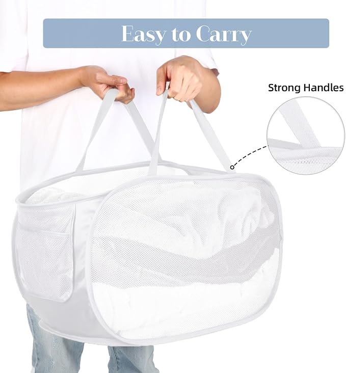 Strong Mesh Pop Up Laundry Basket, Collapsible Laundry Hamper with Side Pocket, Foldable Clothes Pop Up Hamper with Durable Reinforced Handles for Laundry, Bathroom, Kids Room, Dorm or Travel White