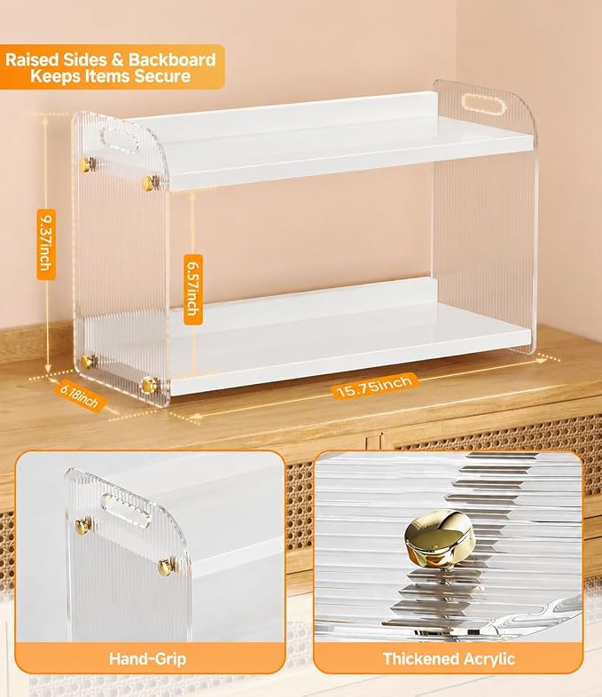 2 Tier Coffee Station Organizer - Acrylic & Pine Wood Matcha Station(White) | 15.75" x6.18" x9.37", Easy-to-Clean coffee bar shelf for Kitchen Countertops, for Placing Mugs, Coffee Beans, Syrup, Cups etc