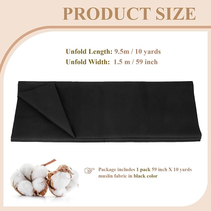 100% Cotton Muslin Fabric, 59 Inch X 10 Yards Black Fabric by The Yard | Medium Weight, Easy Care, Fabric for Sewing Embroidery , Garments, Crafts Material, Apparel Cloth