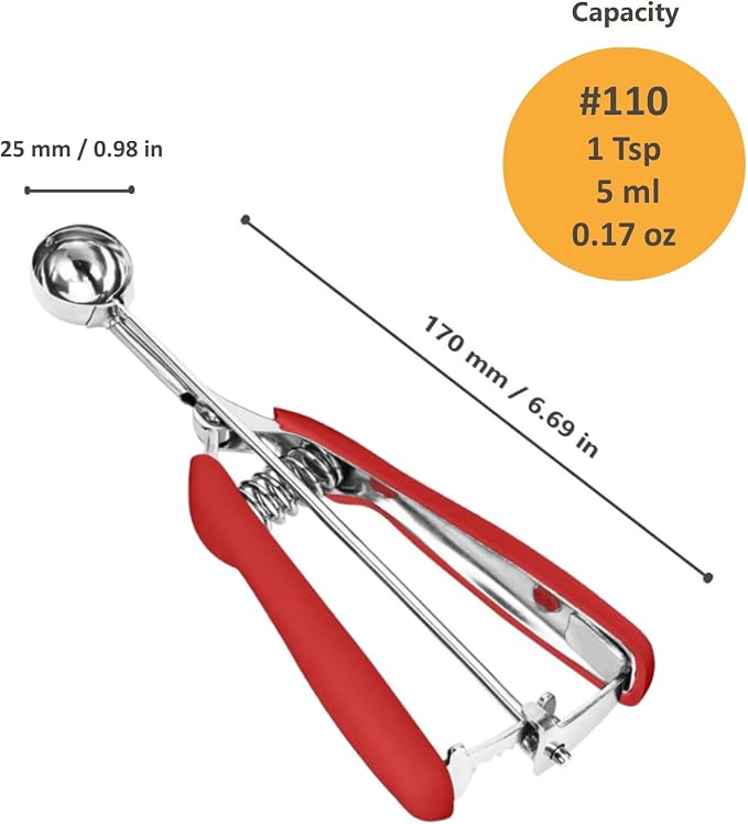Cookie Scoop, Extra Small Cookie Scoop for Baking, 1 tsp / 5 ml Cookie Scooper, 18/8 Stainless Steel Cookie Scooper for Baking, Cookie Dough Scoop with Non-slip Grip(Red)