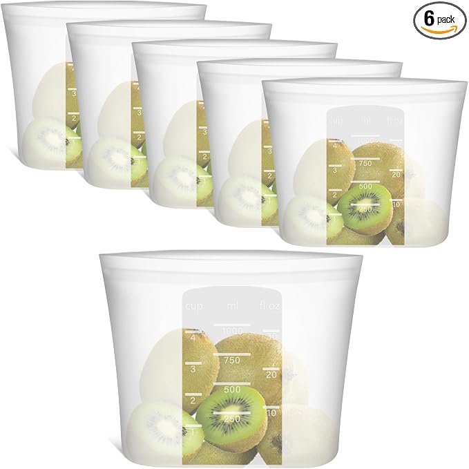 100% Silicone Reusable Storage Bag Quart Size, 6 Pack Stand-Up Wide-Mouth Zip-Lock Food Storage Bags, Easy-Fill Easy-Open Easy-Clean Space-Saving, Microwave & Dishwasher Safe, 34oz, Translucent