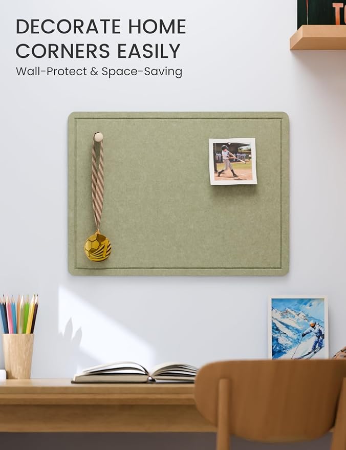 Fluxynara 23.6" x 17.1" Bulletin Board, Sage | Cork Board Alternative with 12 Removable Adhesive Tabs, Foldable Felt Pin Board for Home, Office, Classroom & Dorm
