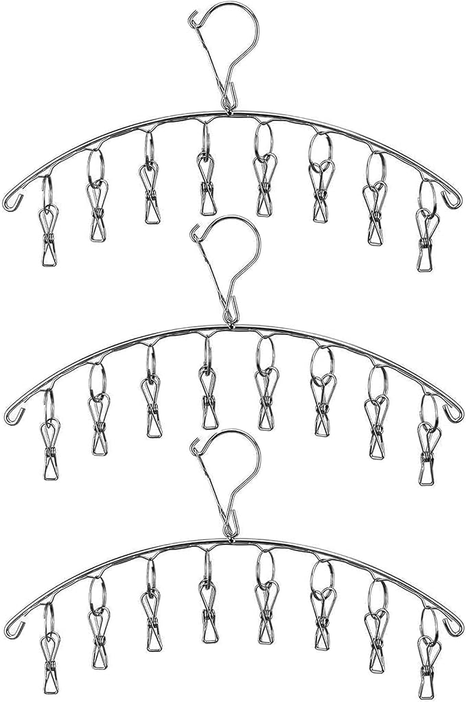 Stainless Steel Laundry Drying Rack Clothes Hanger with Windproof Hook,Underwear Hanger,Clothes Hangers with 8 Clips for Drying Socks,Diapers,Baby Clothes (3 Pack)