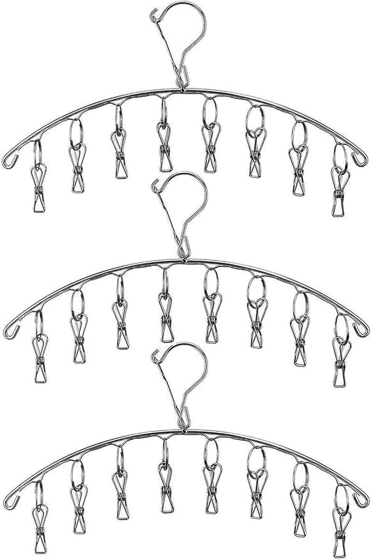 Stainless Steel Laundry Drying Rack Clothes Hanger with Windproof Hook,Underwear Hanger,Clothes Hangers with 8 Clips for Drying Socks,Diapers,Baby Clothes (3 Pack)