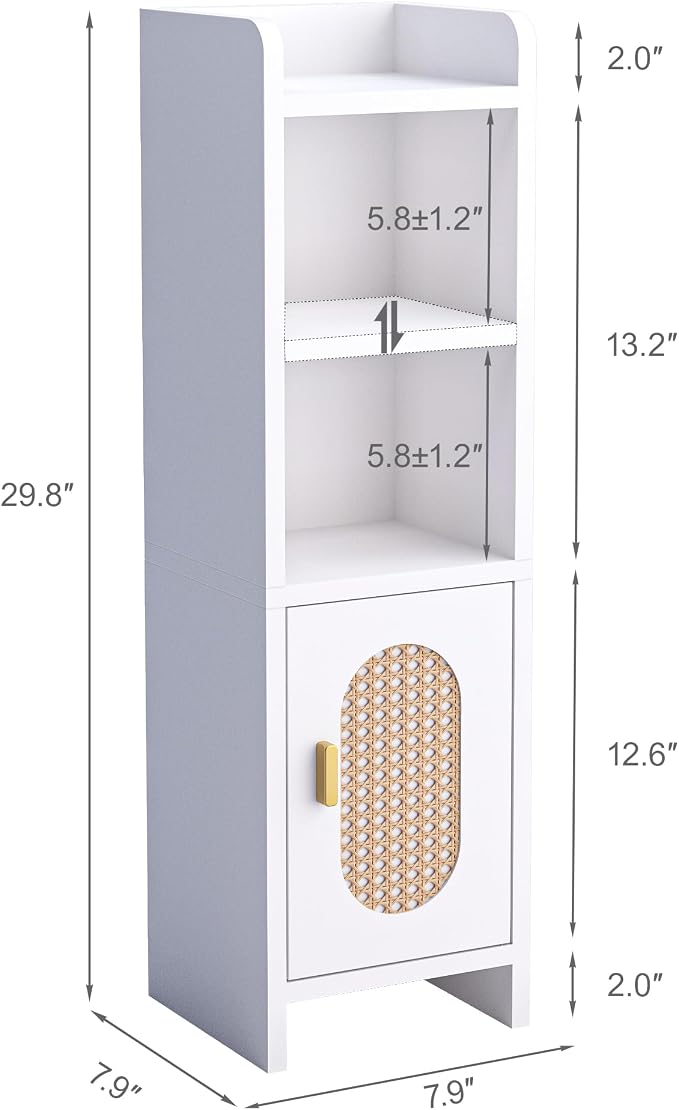 Small Bathroom Storage Cabinet, Narrow and Slim Storage Cabinet with Rattan Door and Adjustable Shelves, Corner Floor Bathroom Organizers and Storage for Small Space, White HSC001W
