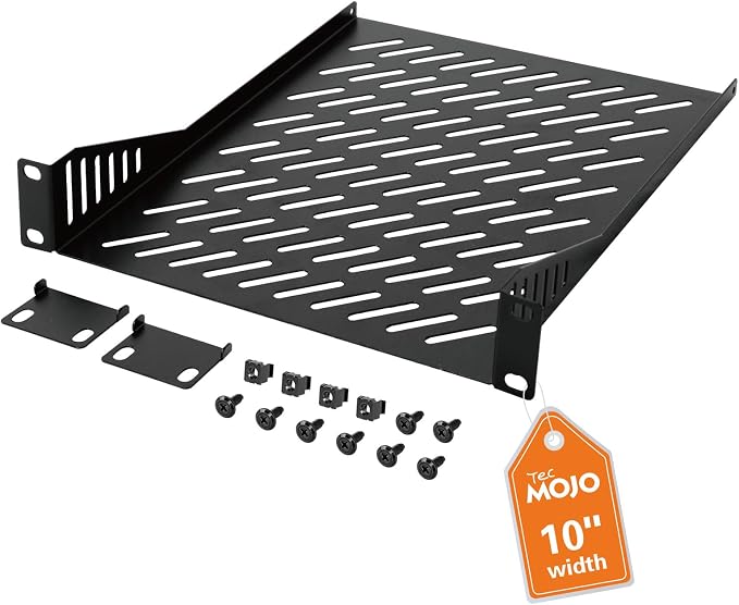 Tecmojo 1U Rack Mount Shelf for 10" Server Rack, 10.23" Deep Vented Cantilever Tray, Metal Shelf for Network Cabinet, Server Enclosure, Enhanced Airflow, Black