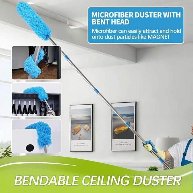High Reach Duster Kit with14 ft Extension Pole High Ceiling Dusting and Window Cleaning Kit with Spliceable Pole - Cobweb Duster, Fan Blade, Window Washer & Squeegee and Feather Dusters