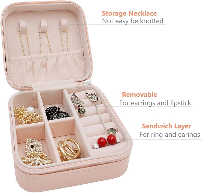 TRODANCE Mini Jewelry Case, Small Travel Jewelry Organizer, Portable Jewelry Box Mini Storage Organizer Display Box For Rings Earrings Necklaces (Pink-4)