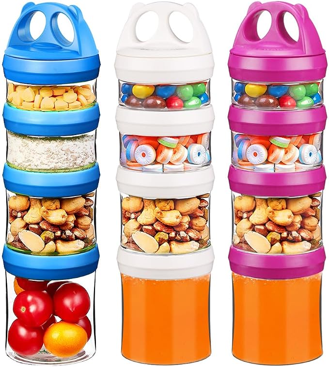 SELEWARE Stackable Snack Containers for Kids Toddlers, Red Blue & White | Portable Food Storage Containers for Snacks Formula Powder Drinks and Travel, Twist Lock System Airtight Leak-proof BPA Free