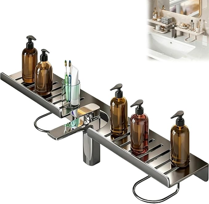 19.7 Inch Over Sink Faucet Storage Rack, No-Drill Countertop Storage Rack for Toiletries & Skincare, Over Sink Shelf, Compact Countertop Stand, for Kitchen, Bathroom, Shower, Easy Drainage (Gray)