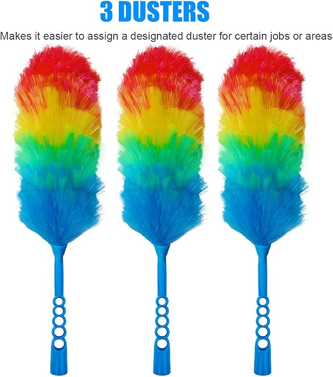 3 Pack Upgrade 19” Rainbow Static Feather Duster with Beandable and Washable Head - More Fibers Bigger Head Less Loss of Fiber