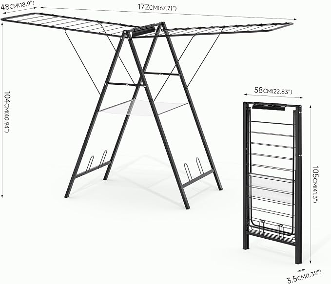 APEXCHASER 6 Height Adjustable Clothes Drying Rack with Shoe Slots, Black | Pre-Assembled, Stable Load Structure, 22 Drying Rails, Foldable Space-Saving For Efficient Indoor & Outdoor Airflow Drying