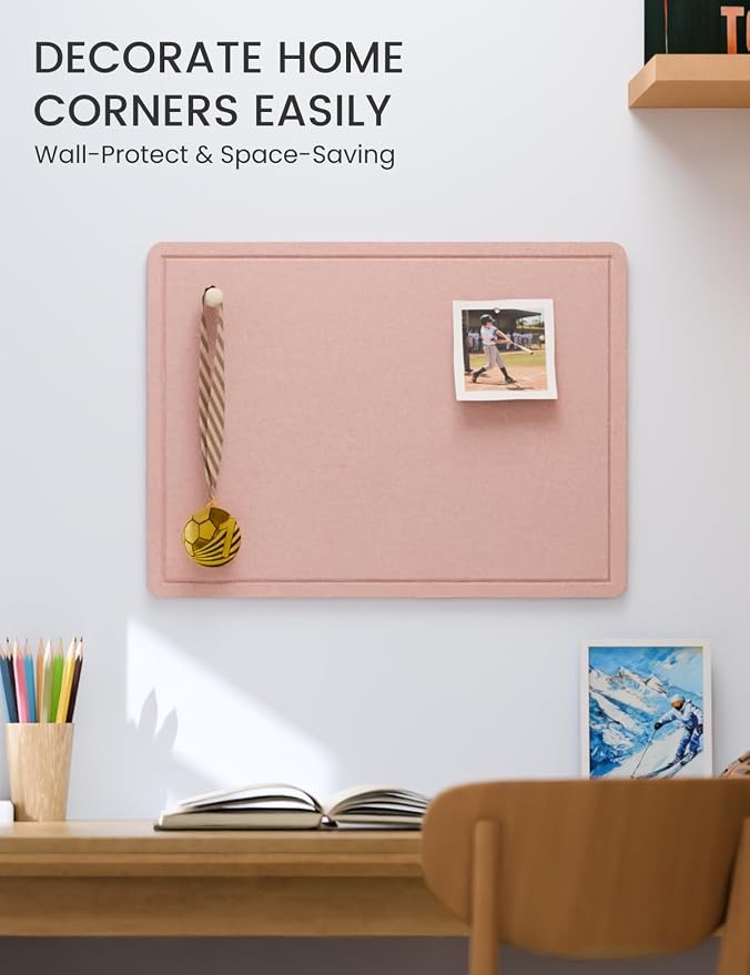 Fluxynara 23.6" x 17.1" Bulletin Board, Pink | Cork Board Alternative with 12 Removable Adhesive Tabs, Foldable Felt Pin Board for Home, Office, Classroom & Dorm