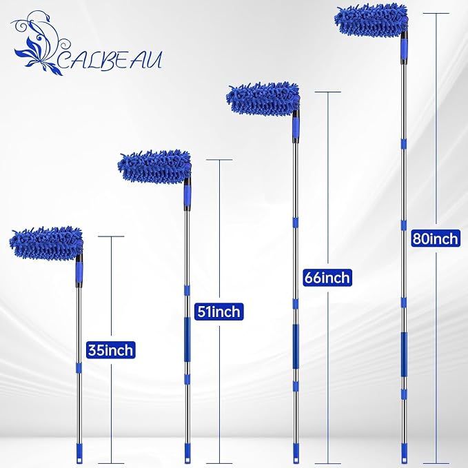 CALBEAU Ceiling Fan Cleaner Duster with 80" Extension Pole | 90° Folding Head; Adjustable 35"-80" Pole; Bendable Washable Chenille, for Ceiling Fan Blade Cleaner, Lamps, Vents