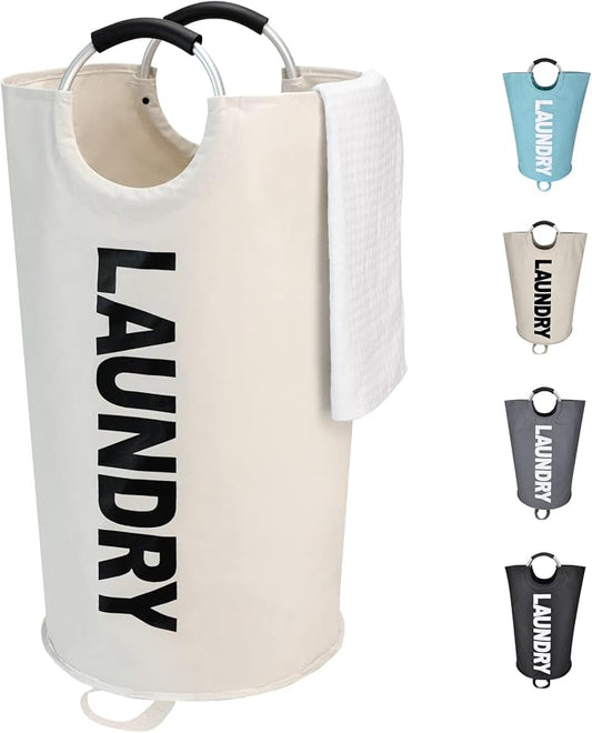 Maxsilan 125L X-Large Laundry Basket Bag, Collapsible Tall Hamper, Beige | Freestanding tall laundry bag & foldable washing basket. Extra large clothes storage bin with durable sturdy handles