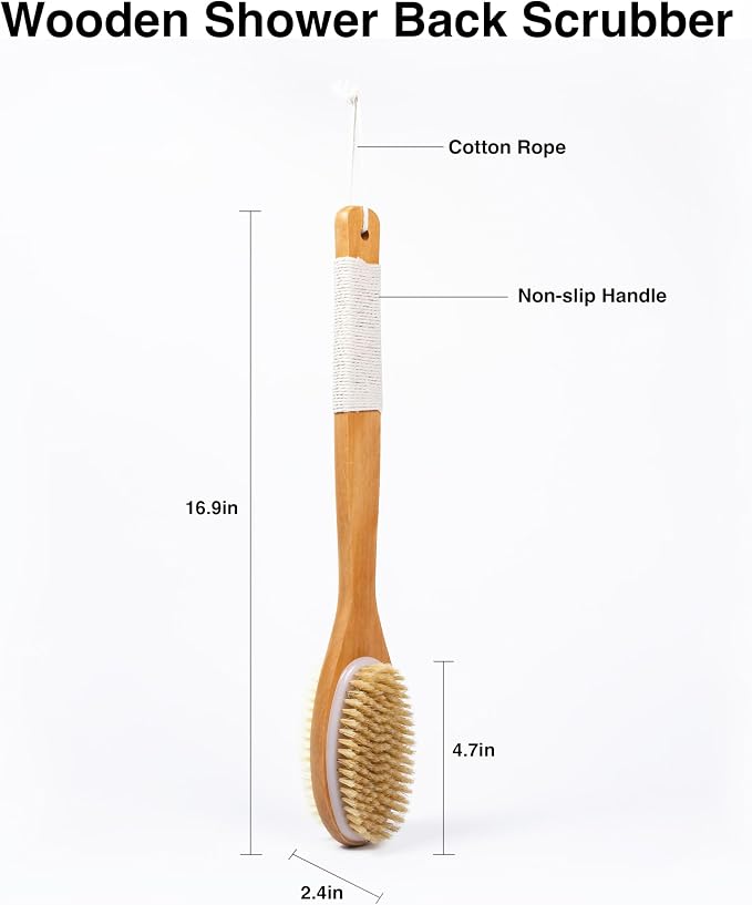 MtBoi Dual-Sided Back Scrubber - Long Bamboo Handle Shower Brush with Anti-Slip Grip, Stiff Natural Boar Bristles for Deep Exfoliation & Soft Nylon Bristles for Gentle Care, Wet/Dry Brushing