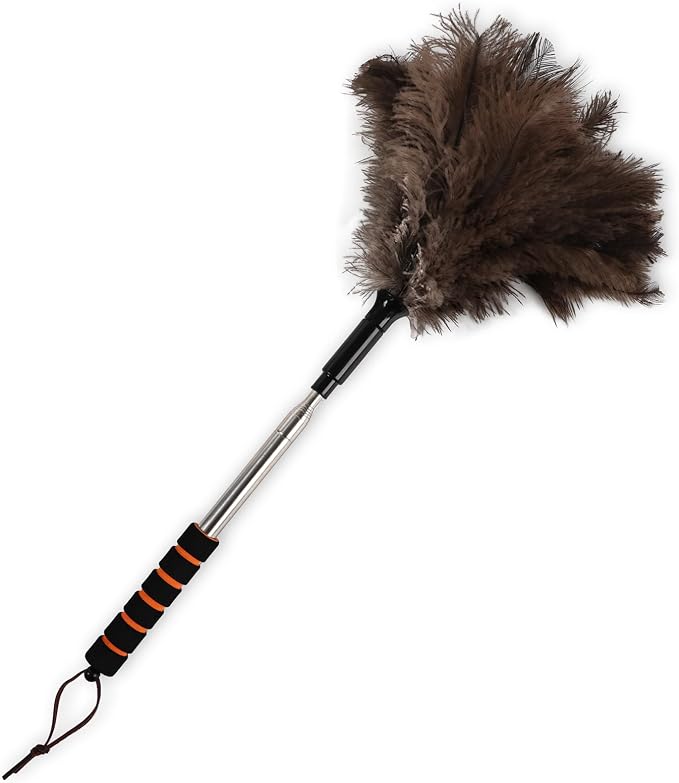 Extendable Ostrich Feather Duster 26-55 Inch, Natural Cleaning Duster with Sponge Grip and Stainless Steel Extension Pole Reusable for High Ceilings, Fans, Blinds, Furniture, Interior & Roof Dusting.
