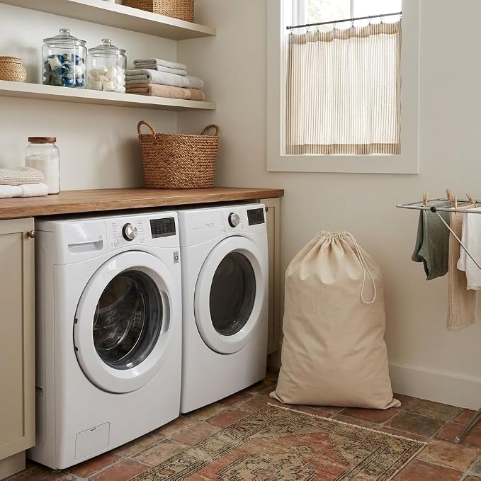 Household Essentials Cotton Laundry Bag, Large, 100% Cotton, Drawstring Top with Cord Lock, Machine Washable, 3 to 4 Load Capacity, Versatile and Compact, Breathable, Foldable, Natural