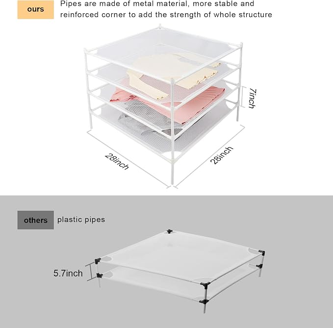 Sweater Drying Rack Flat, Metal Tube Mesh Clothes Drying Rack for Laundry with Rubber Feet, Stackable Laundry Clothing Dryer Rack for Art, Clothes, Indoor & Outdoor, White, 4-Layer