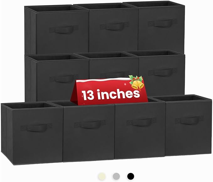Large Storage Cubes- 13 Inch Cube Storage Bins for Organizing Shelves Kallax - Nursery Closet Organization Bins for Clothes Blanket - 10 Pack Collapsible Decorative Storage Box for Magazines (Black)