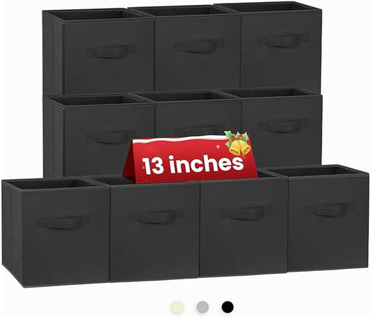 Large Storage Cubes- 13 Inch Cube Storage Bins for Organizing Shelves Kallax - Nursery Closet Organization Bins for Clothes Blanket - 10 Pack Collapsible Decorative Storage Box for Magazines (Black)