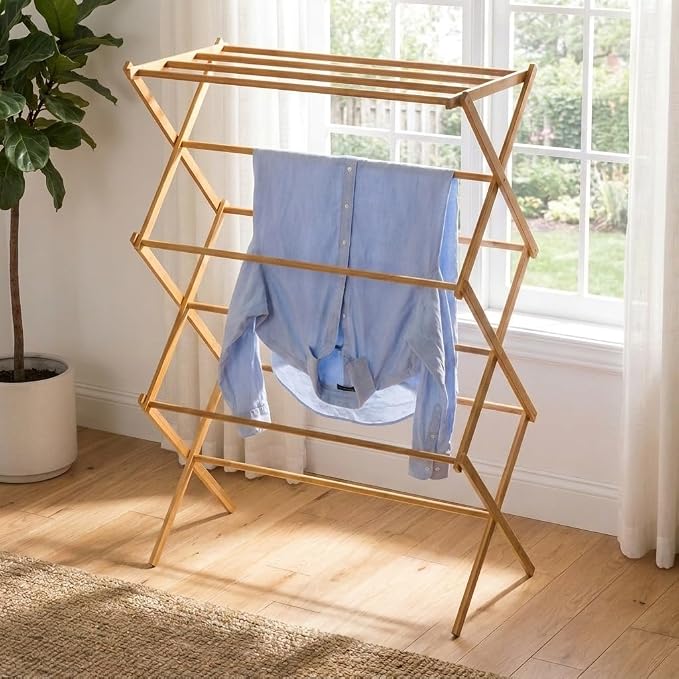 Household Essentials Bamboo Folding Clothes Drying Rack, Upscale Laundry Rack with 11 Dowels, Environmentally Friendly, Stable Frame, Shelf for Drying Flat