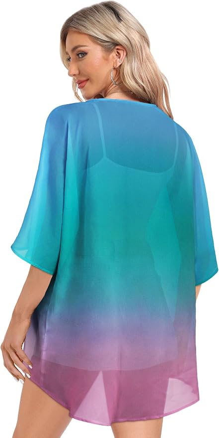 Women Kimono Cardigans Summer Cover Up Hawaiian Shirts Floral Print Tops | ROSEMIA chiffon kimono open front cardigans, beach cover ups, daily casual tops, cruise outfits, summer resort wear