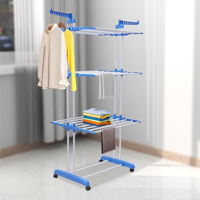Foldable Clothes Drying Rack Stand 4-Tier,Garment Rolling Dryer Hanger with 4 Wheels,Easy to Assemble, Indoor Outdoor Use(Blue)
